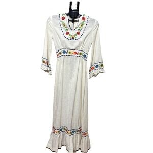Vintage Prairie‎ Dress Embroidered Bodice 60s 70s Boho Hippie Linen Size Small